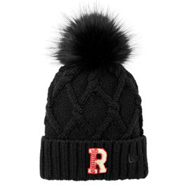 Black Faux Fur Pom Beanie With Off-White Chenille Patch