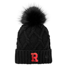 Load image into Gallery viewer, Black Faux Fur Pom Beanie With Red Chenille Patch
