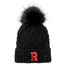 Black Faux Fur Pom Beanie With Red Chenille Patch