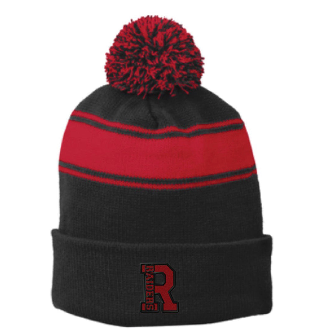 Black and Red Winter Hat with Cuff and Pom-Pom