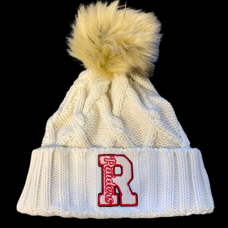 Ivory Faux Fur Pom Beanie With Off-White Chenille Patch