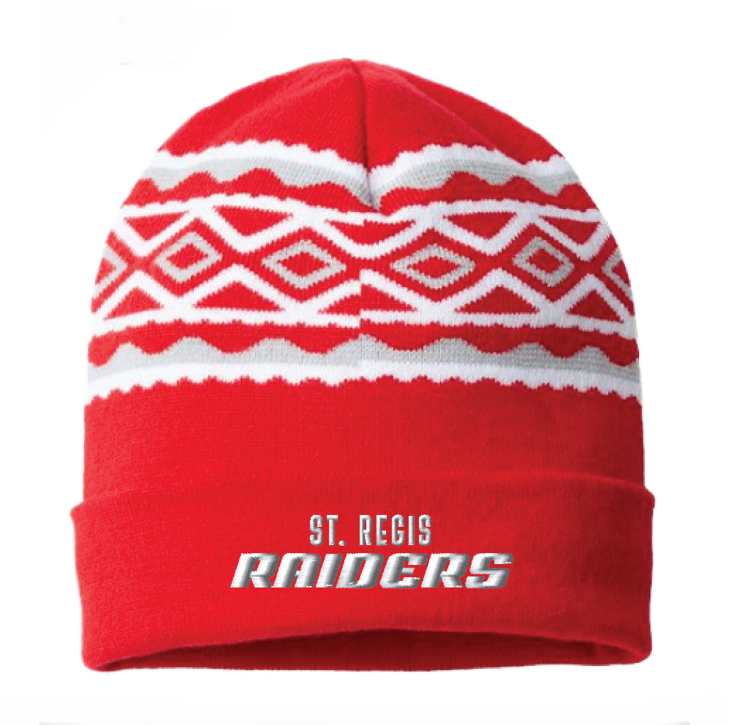 Red Jaquard Diamond Print Winter Hat with Cuff
